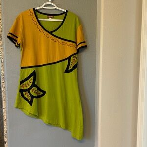 Desigual Asymmetrical Short Sleeve Top - Green and Yellow